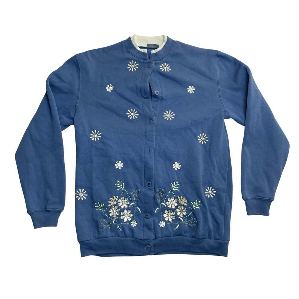 Jenny Buchanan Women’s Small Blue Floral Embroidered Button Sweatshirt Cardigan